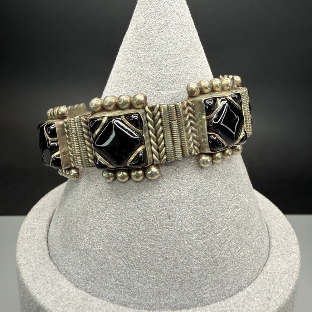 Vintage Mexican Link Bracelet Black Glass Silver Tone 6.5" READ
